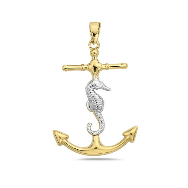 14k Gold Anchor with Seahorse Pendant with 18'' Chain