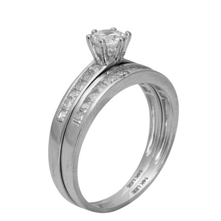 - 1.50 Ct 14K Real White Gold Round Cut with Princess Cut Channel Set Side Stones 6 Prong Setting Engagement Wedding Propose Promise Ring with Matching Band Duo 2 Ring Set