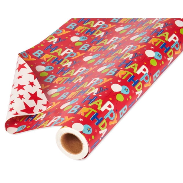 American Greetings 175 sq. Papel de regalo reversible, para cumpleaños, letras de feliz cumpleaños y estrellas (1 rollo jumbo, 30 pulgadas x 70 pies)