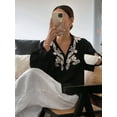 thumbnail image 5 of Women'S Embroidered Linen Shirts Button Up Sleeve V Neck Boho Blouse Black XL, 5 of 8