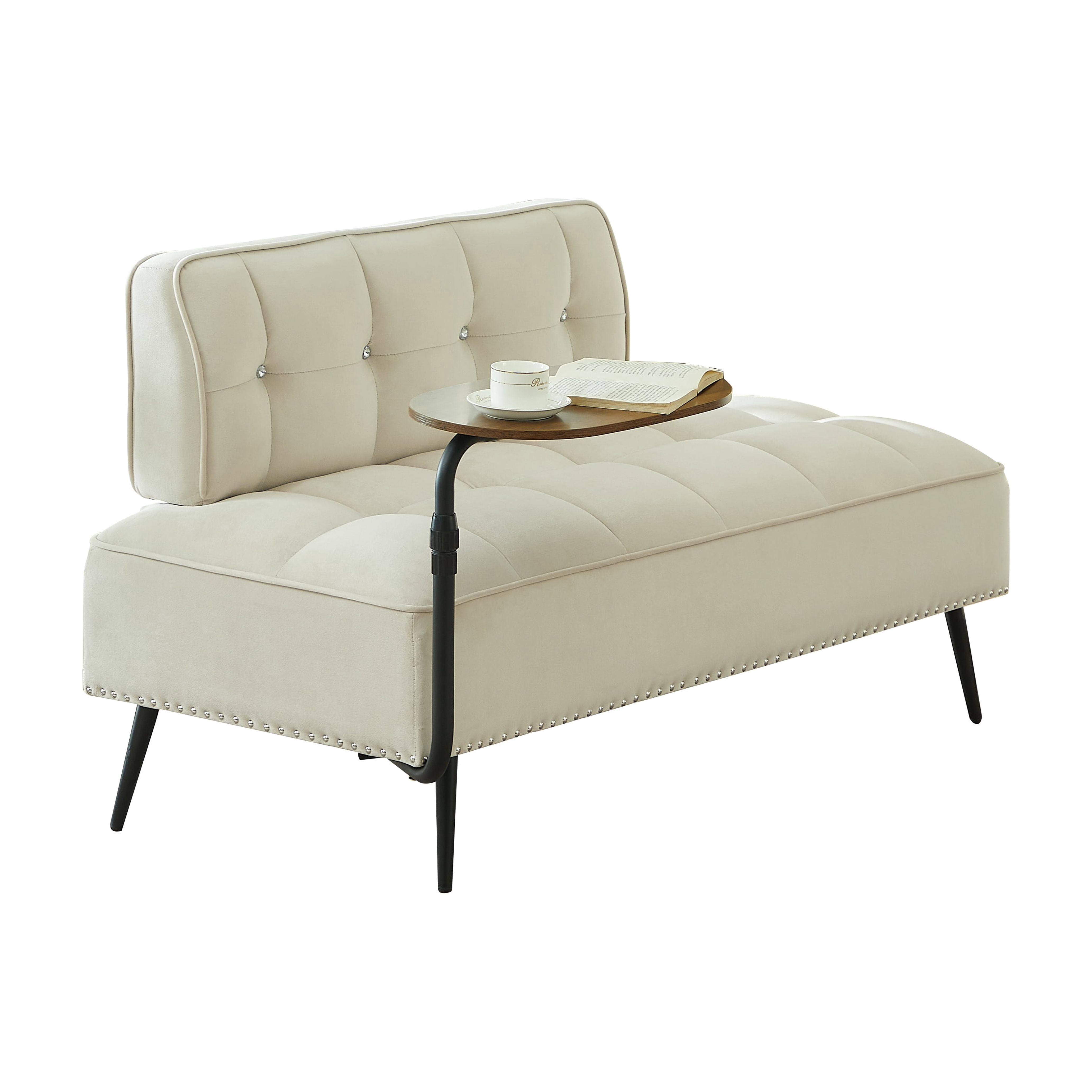 Modern Two-Seater Velvet Sofa with 360° Rotating Side Table, Entryway Ottoman Bench with Backrest for Living Room, Bedroom, Apartment, Space Saver, Beige