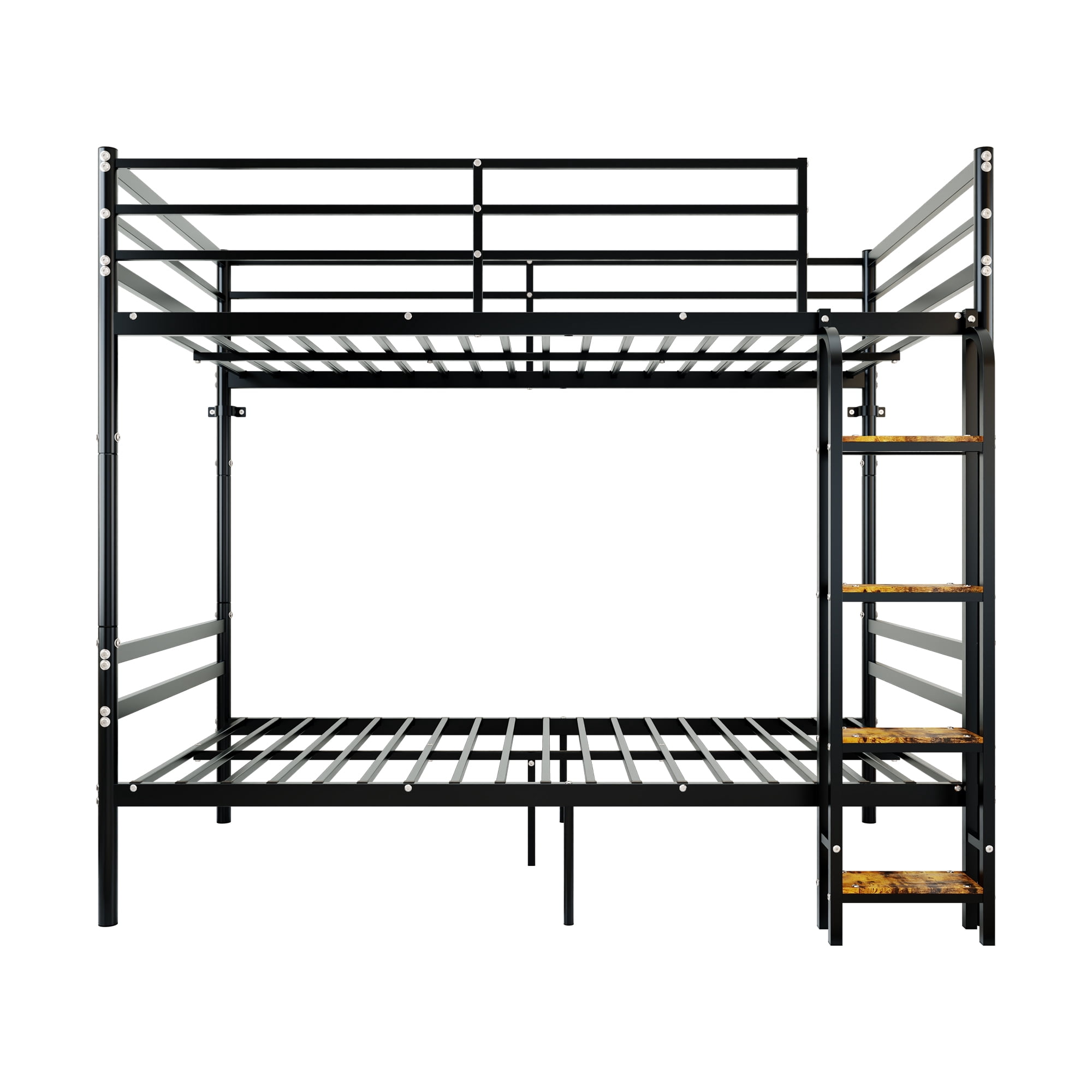 Twin Over Twin Metal Bunk Bed with High Guardrail & Ladder, Noise Free with Storage Space