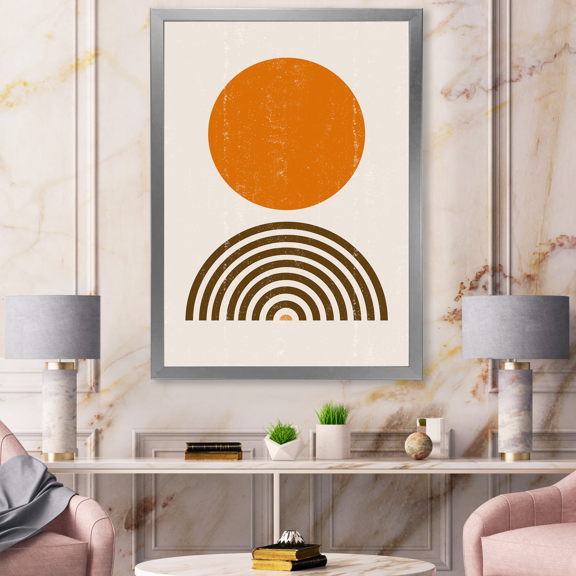 Designart 'Abstract Minimal Rainbow and Orange Sun I' Modern Framed Art Print