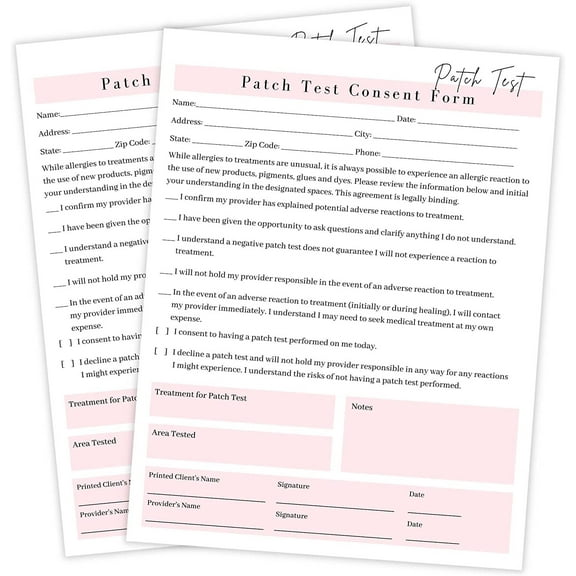 Cosmetic General Patch Test Consent Form  50 Pack  8.5 x 11" A1 Forms  Patch Test Supplies  Cosmetologist Supplies  Minimalist White & Pink Design