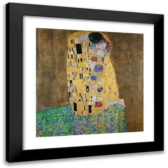 Gustav Klimt 12x12 Black Modern Framed Museum Art Print Titled - The Kiss (Lovers) (1908)
