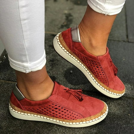 Mortilo Women s casual shoes Women s Fringe Hollow-Out Round Toe On Shoes Flat with Sneakers Work Shoes 42 Red