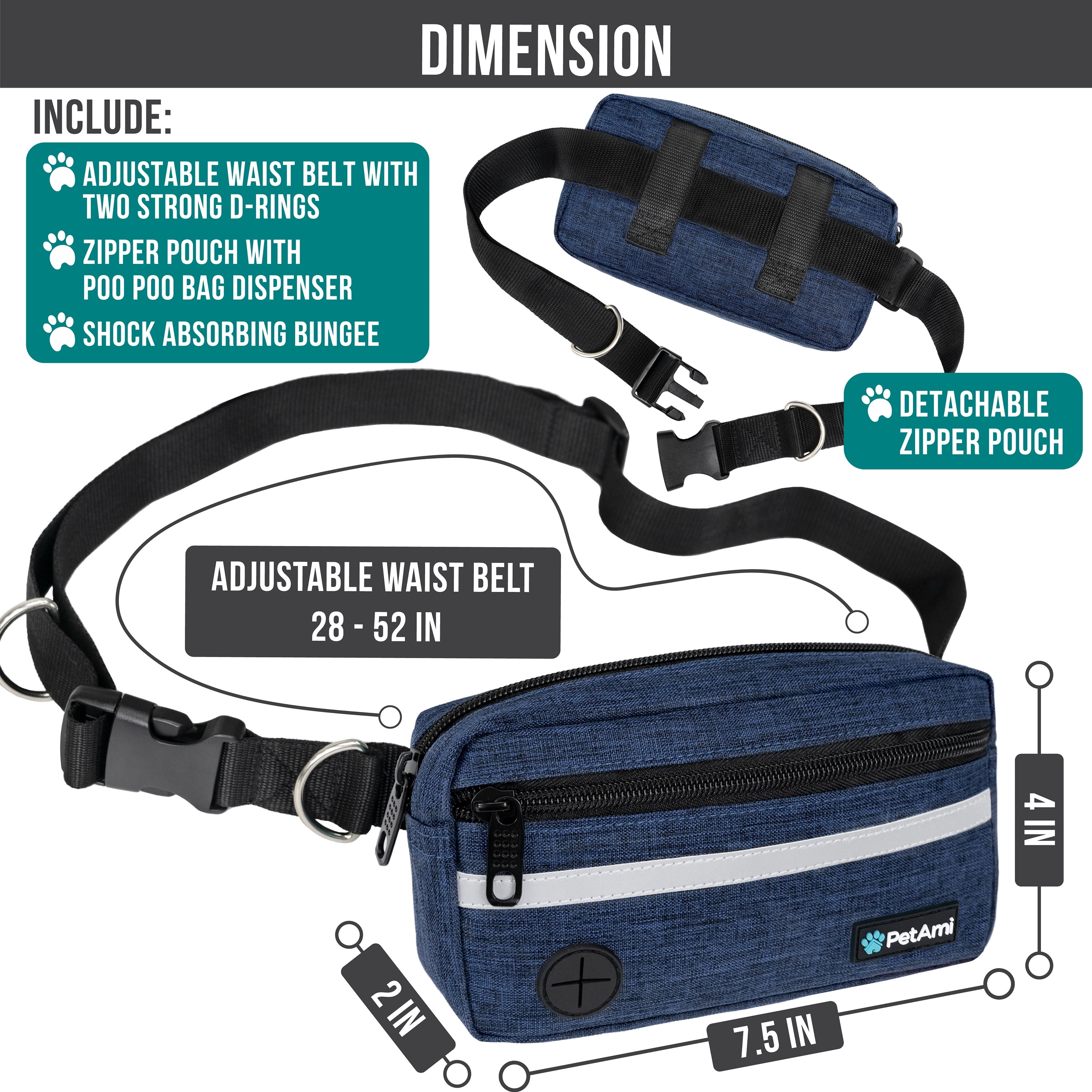 PetAmi Hands Free Dog Leash, Dog Running Leash Belt for Walking Jogging, Dog Waist Zipper Pouch Fanny Pack with Poop Bag Dispenser, Dual Padded Handle Bungee Leash for Small Medium Large Dogs, Single