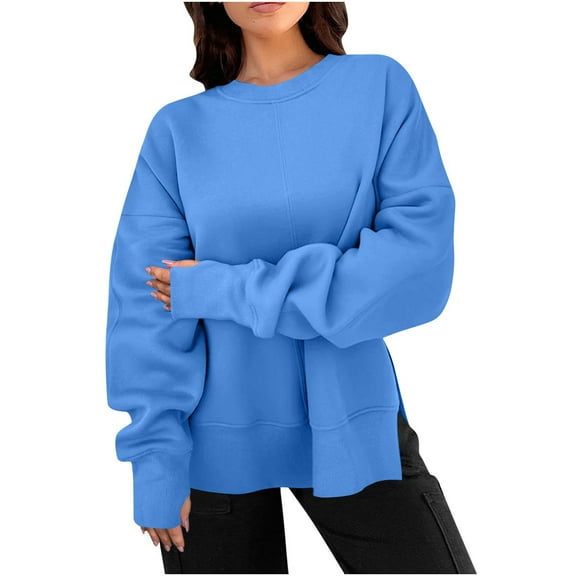 LEBONYARD Women's Trendy Round Neck Solid Colored Long Sleeve Warm Loose Fitting Drop Shoulder Side Slit Pullover Ladies Daily Casual Sweatshirt