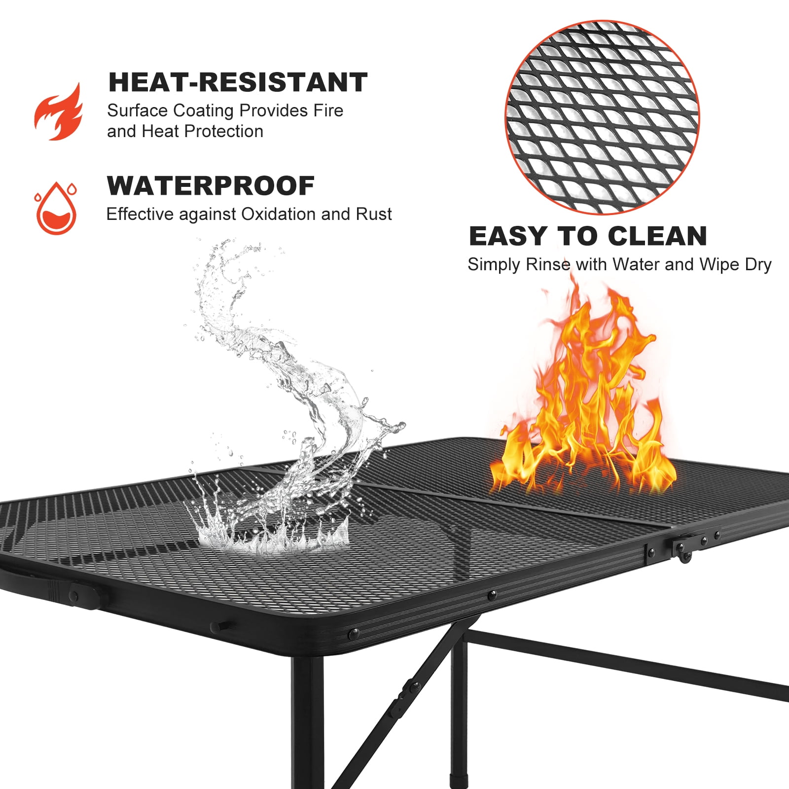 3FT Folding Camping Table, Black Mesh Desktop Portable Grill Table, Lightweight Aluminum Alloy Frame with Adjustable Height for Camping, BBQ, Picnic & Outdoor Activities
