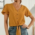 thumbnail image 6 of TIHLMK Womens Shirts Yellow Ladies Polka Dot Printing Loose V-neck Lace Button Petal Short Sleeve Top Gift for Womens Tops, 6 of 7