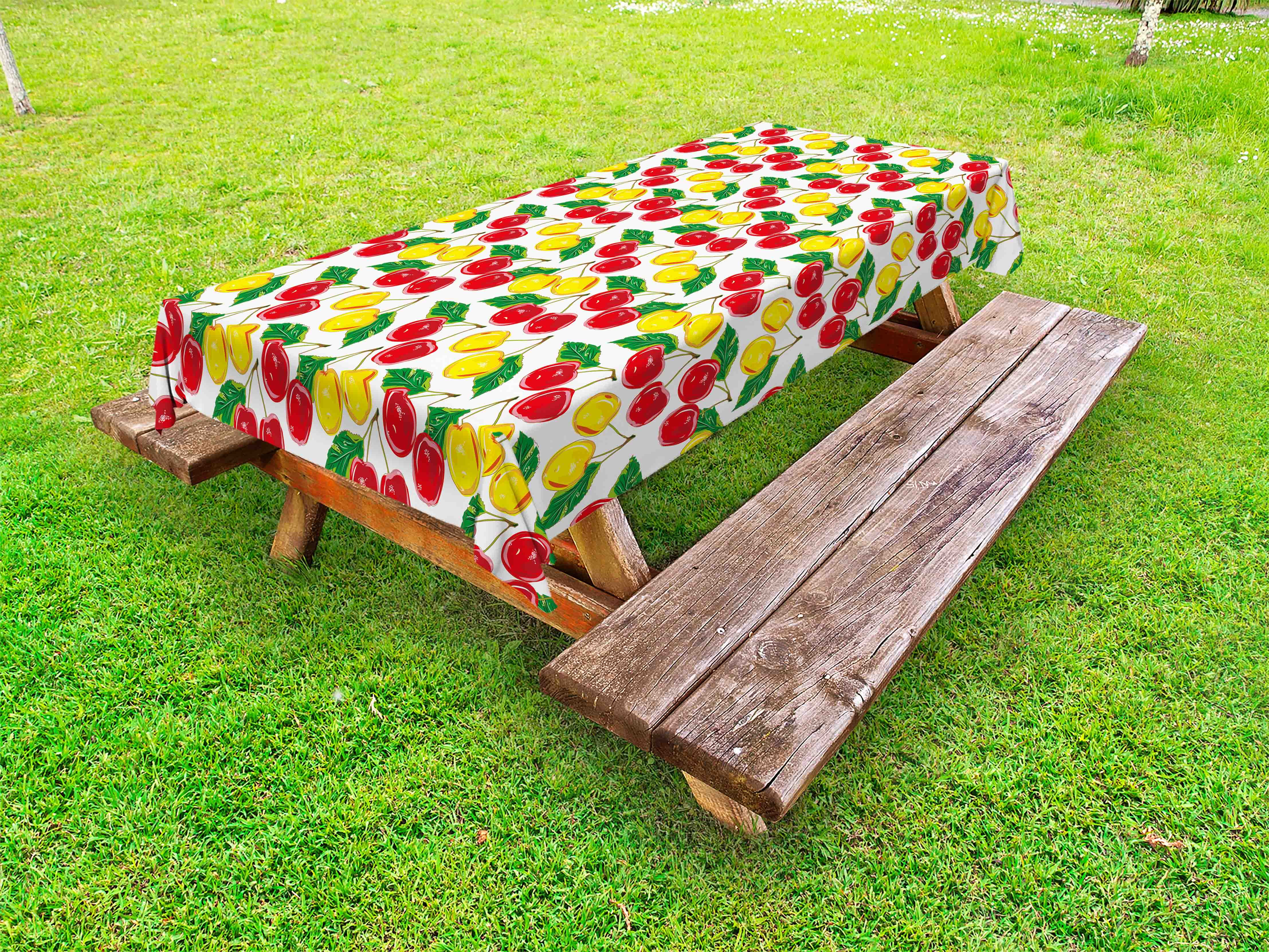 Fruit Outdoor Tablecloth, Graphic Colorful Cherries with Leaves Pattern Fresh Ripe Juicy Tasty