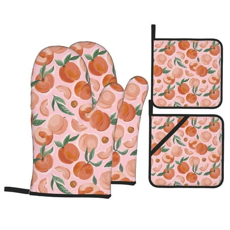 

Oven Mitts and Pot Holders Sets 4 pcs Painting Peach Non-Slip Oven Gloves Potholders Soft Quilted Lining Heat Resistant Gloves Hot Pads for Kitchen Cooking Baking
