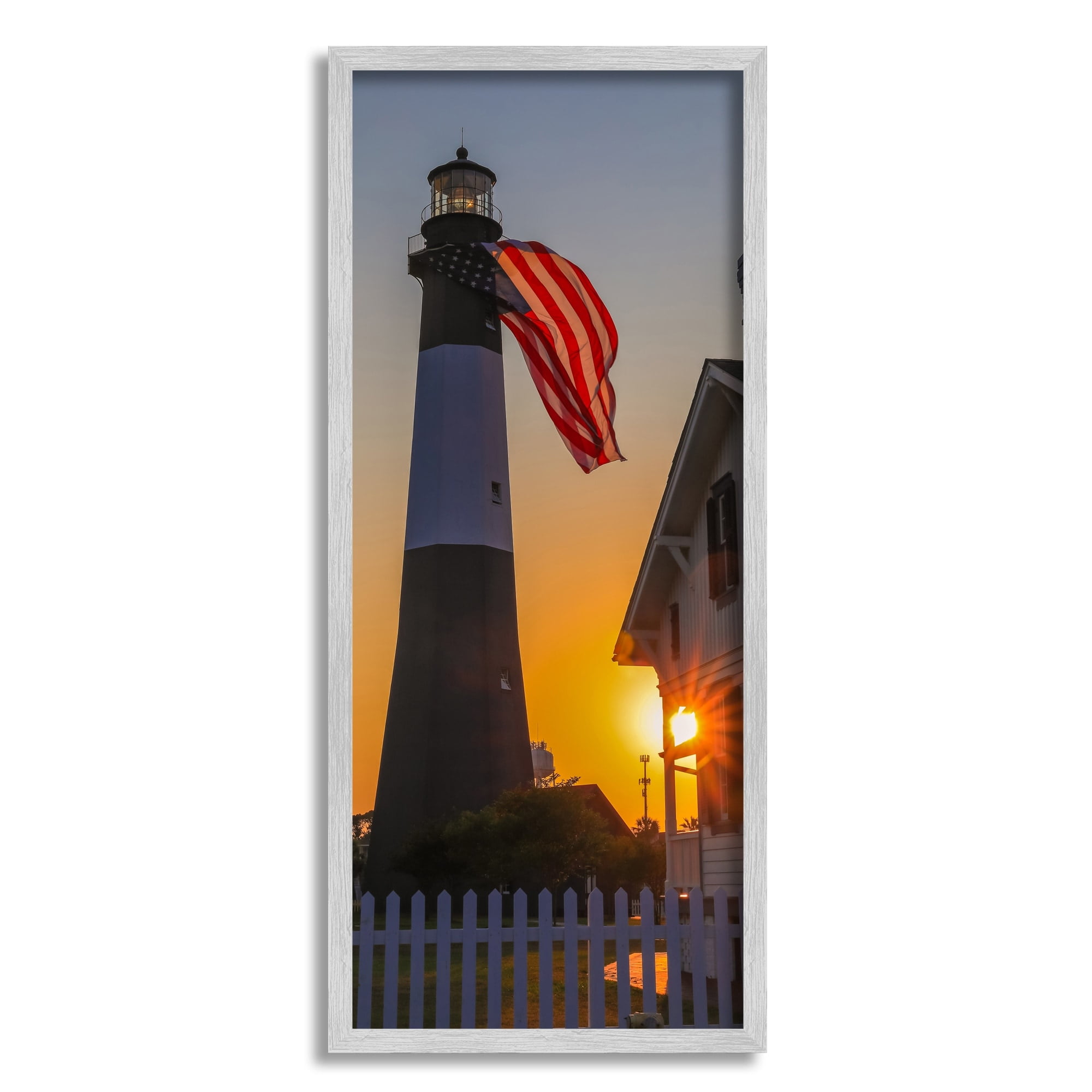 Stupell Industries Seaside American Flag Lighthouse Beacon Sunset Rays Framed Wall Art, 13 x 30, Design by Devon Davis
