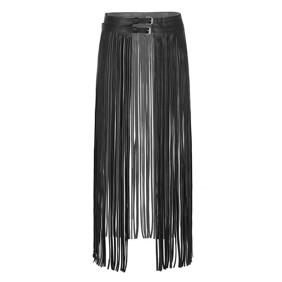 YUUMIN Women Long Fringe Tassel Skirt Belt Punk Cool PU-Leather Double Buckles Waistband for Dance Party Costume Black One Size