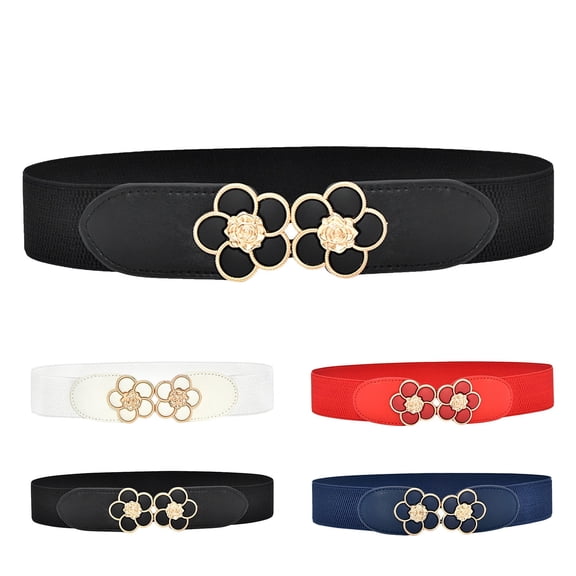 Helii Women Belt Vintage Wide Stretch Waist Belt Faux Leather Flower Decor Belt for Dresses Pants