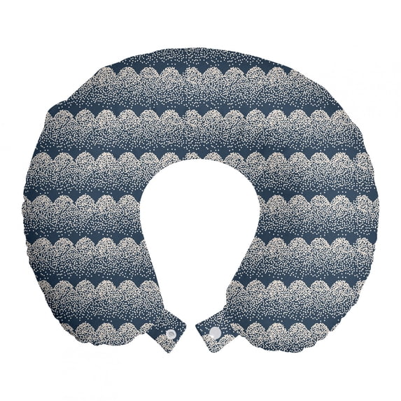 Abstract Travel Pillow Neck Rest, Contemporary Dotted Circle Spouts Ovals Forming Simplistic Illustration, Memory Foam Traveling Accessory Airplane and Car, 12", Slate Blue and Beige, by Ambesonne