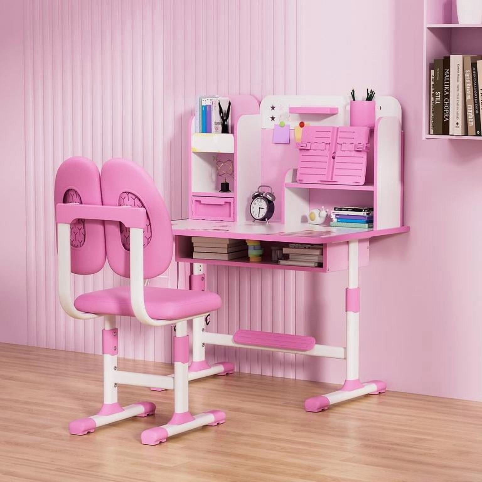 YNCE Kids Desk and Chair Set School Desk| Height Adjustable Study Table with Book Stand & Foot Pedal, Ergonomic Children's Desks with Sitting Corrector for School Homework (Pink #1)