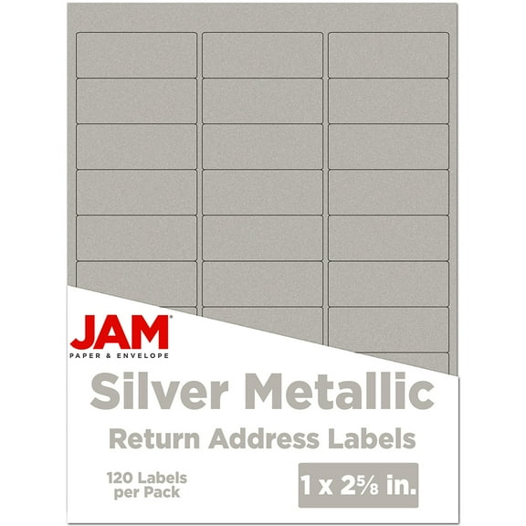 JAM Paper Return Address Labels, 1 x 2 5/8, Silver Metallic, 120 per Pack