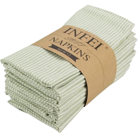 Narrow Striped Cotton Linen Blended Dinner Cloth Napkins - Set of 12 (40 x 40 cm) - for Christmas Parties Events & Home Use (Green)