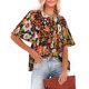 thumbnail image 1 of Blusa de manga corta con cuello redondo, ajuste holgado, diseño plisado, Top informal de verano para mujer para citas, compras diarias, flor naranja negra XXL, 1 of 6