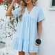 thumbnail image 1 of Puntoco Vestido De Manga Corta Con Cuello En V, Vestido Suelto Plisado De Manga Corta De Color Sólido Con Cuello En V Para Mujer Azul Cielo M, 1 of 9