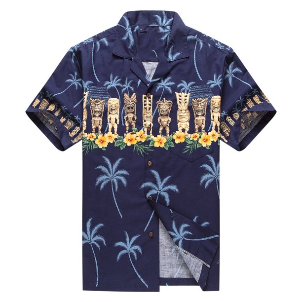 Made in Hawaii Men's Hawaiian Shirt Aloha Shirt Tiki Cross Navy ...