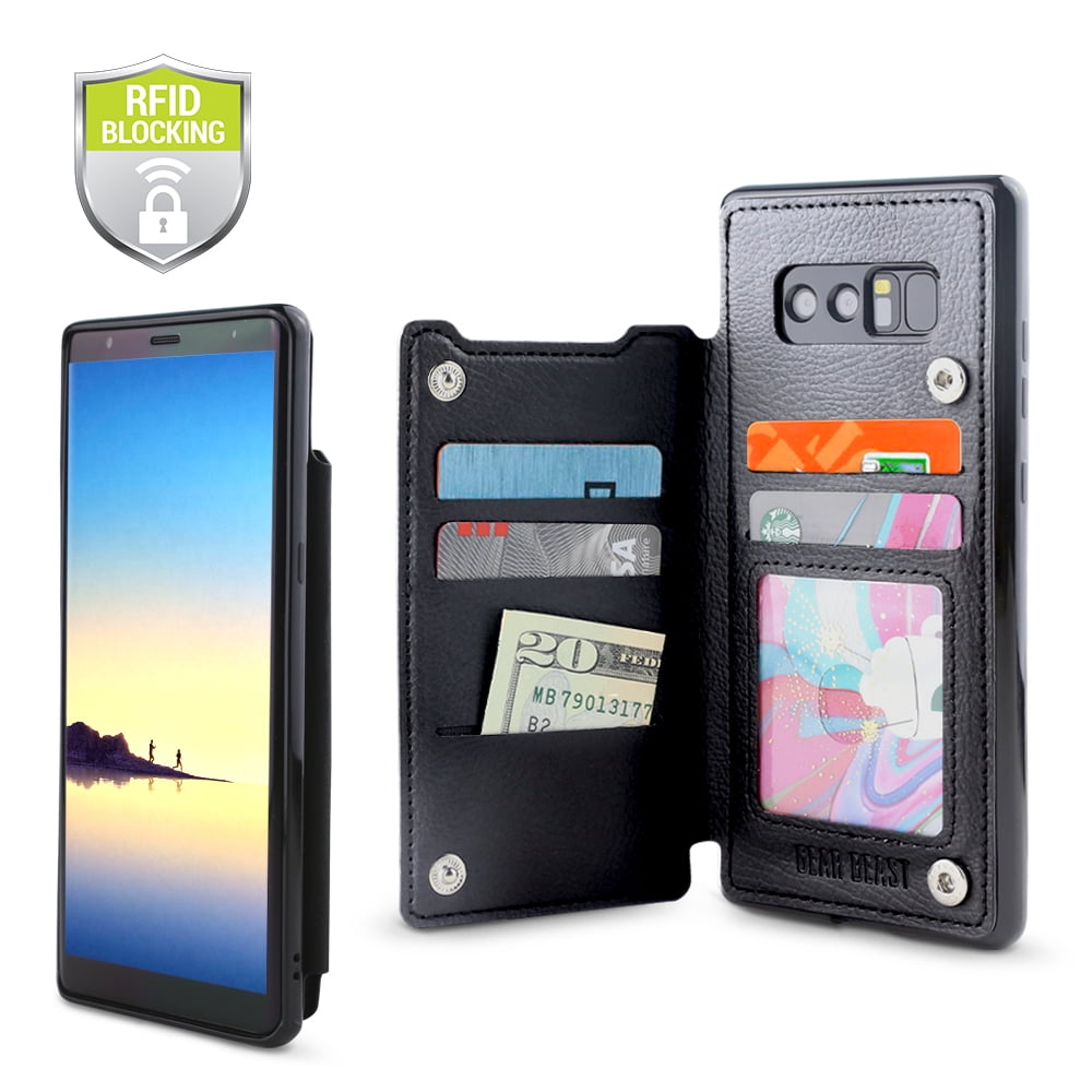 Photo 1 of Gear Beast Genuine Leather Galaxy Note 8 Wallet Case, Top View Flip Folio Case For Galaxy Note 8 Slim Leather Cover 4 Slot Card Holder Including ID Holder With RFID Protection For Men and Women