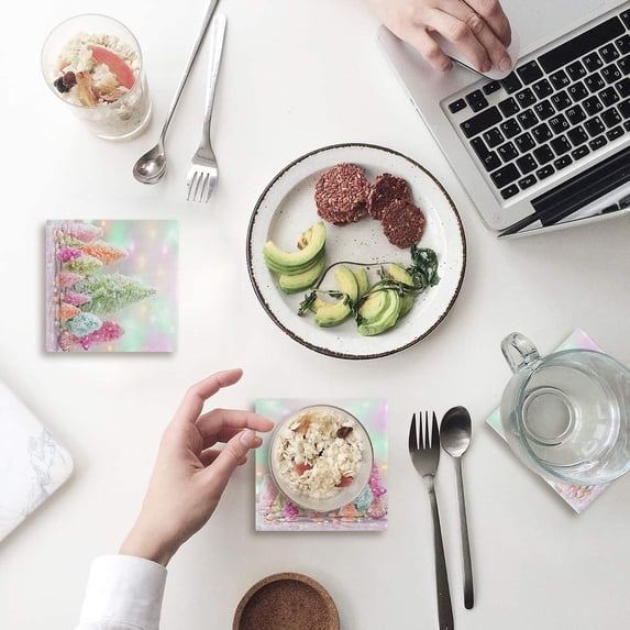 FMSHPON Merry Christmas Xmas Pink Tree Winter Christmas Set of 4 Coaster for Drinks, Absorbent Ceramic Stone Coasters Cup Mat with Cork Base for Home Kitchen Room Coffee Table Bar Decor