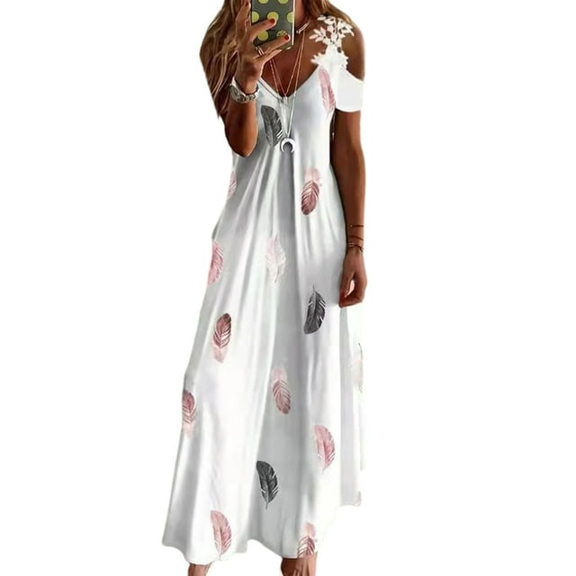 LUXUR Robe Longue pour Femmes à Manches Courtes, Robes Maxi à Épaules Dénudées, Robe d'Été de Plage Décontractée, Corchet à Plumes 2TG