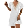 thumbnail image 2 of Mefallenssiah Robe d'Été Mode Femme Décontractée Unie Col en V Manches Courtes Vacances Dentelle, 2 of 7