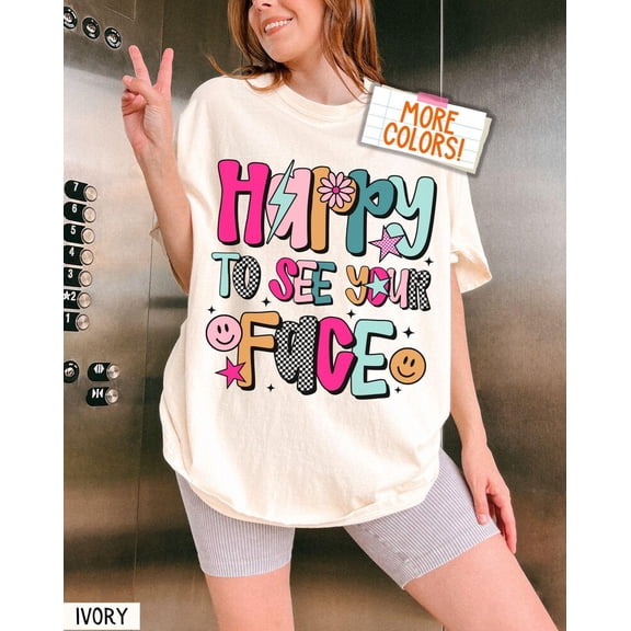 Happy to See Your Face Shirt Retro Teacher T-Shirt Retro Smiley Face Tee Checkered Groovy Positive Back to School Shirt