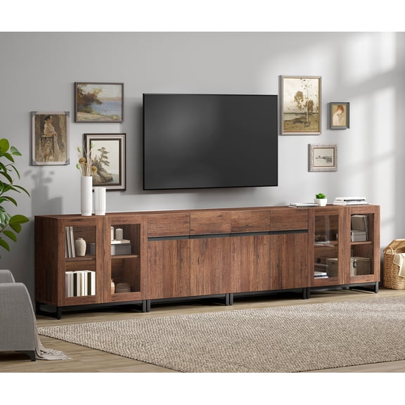 4 In 1 TV Stand For Tvs Up To 120 Inches, Modern Entertainment Center With Glass Doors And Metal Legs, TV Console With Adjustable Shelf For Living Room, Bedroom,Brown