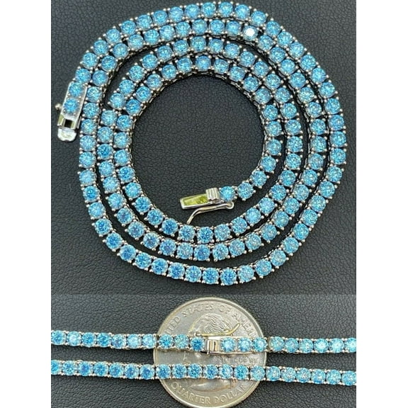 Men's Women's 3mm Real Solid 925 Sterling Silver Aqua Blue Aquamarine Tennis Necklace Chain