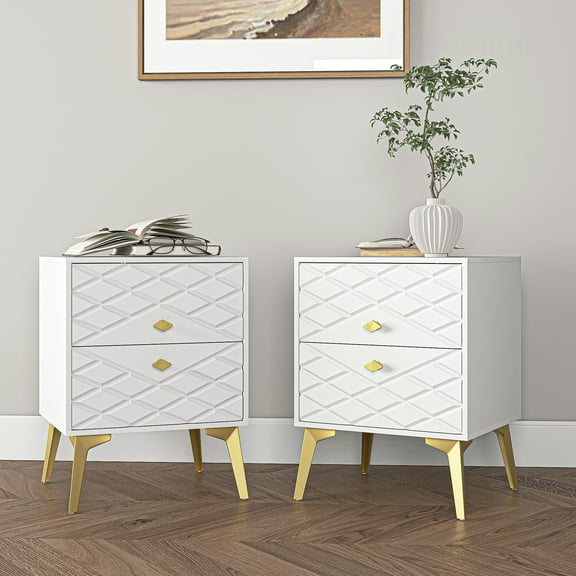 Private Jungle Set of 2 Modern Wood Nightstands w/Drawer, Golden Legs, End Table for Living Room Bedroom Furniture