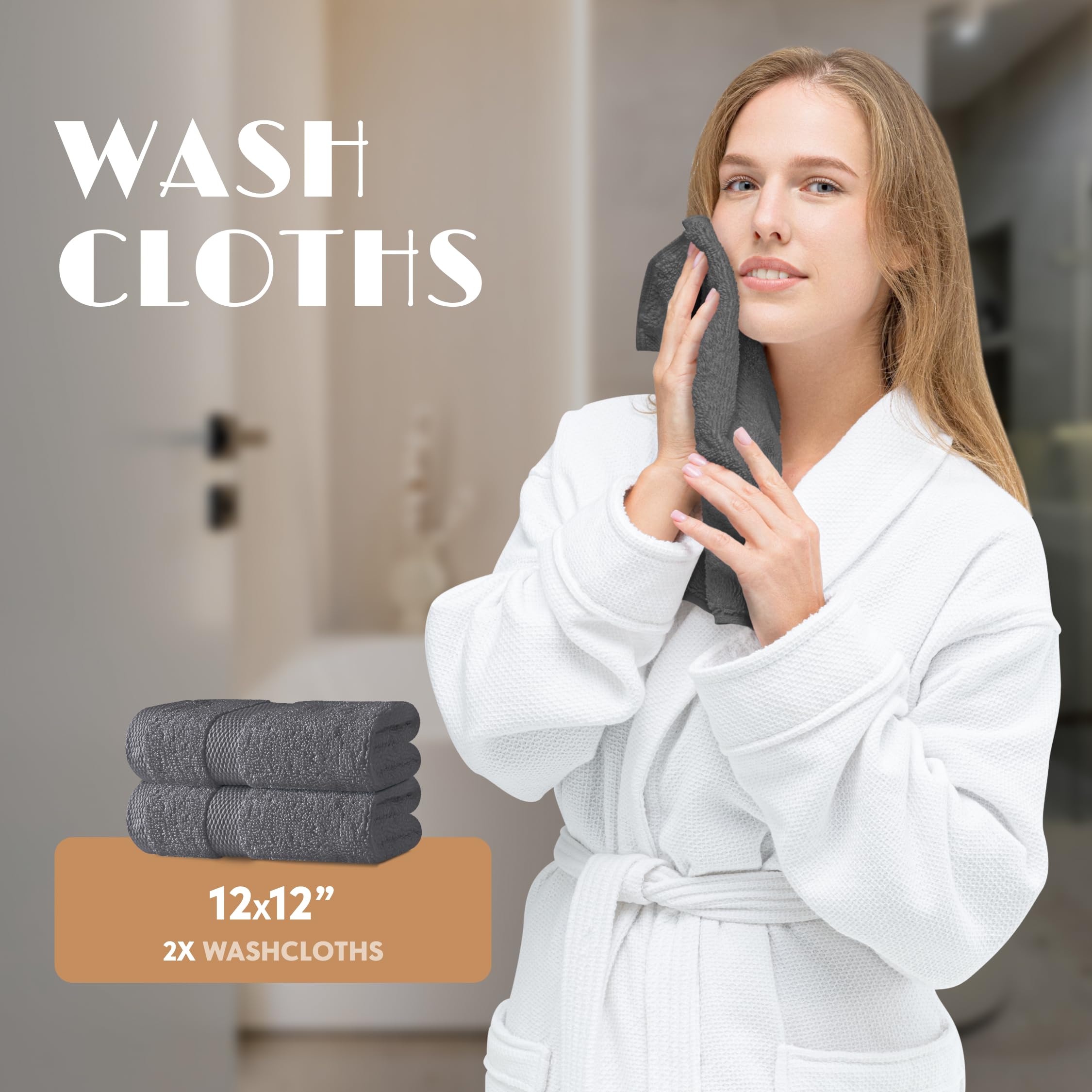 White Classic Gray Bath Towel Set of 6 - 100% Cotton Highly Absorbent Towels for Bathroom, 2 Luxury Bath Towels 650GSM, 2 Hand Towels, 2 Washcloths