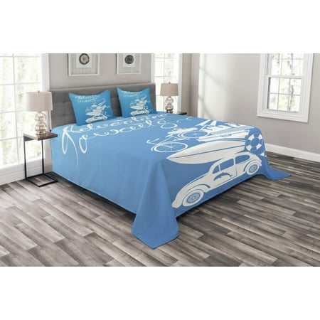 Decorative Item Set - Adventure Bedspread Set, Adventure Awaits Quote with Summer Holiday Items Surfboard Old Car Art Print, Decorative Quilted Coverlet Set with Pillow Shams Included, Blue White, by Ambesonne