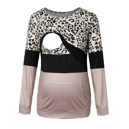 

Womens Maternity Mommy Long Sleeve Leopard Printed Nursingg T Shirt Top Blouse For Breastfeeding
