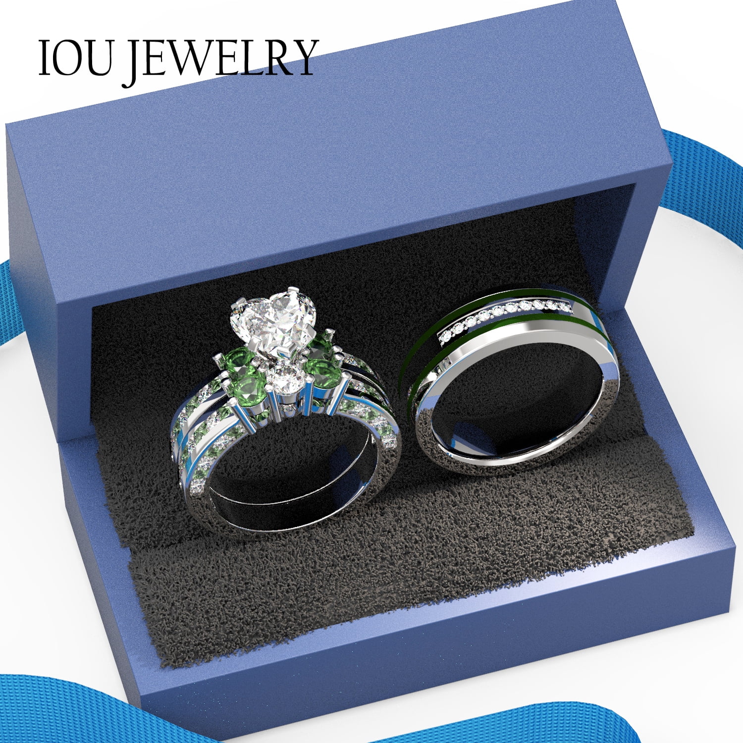 3pc Couples Wedding Ring Sets His And Hers Women Sterling Silver Blue Moissanite and men Wedding Bands Together With Ring Gift Jewelry Box
