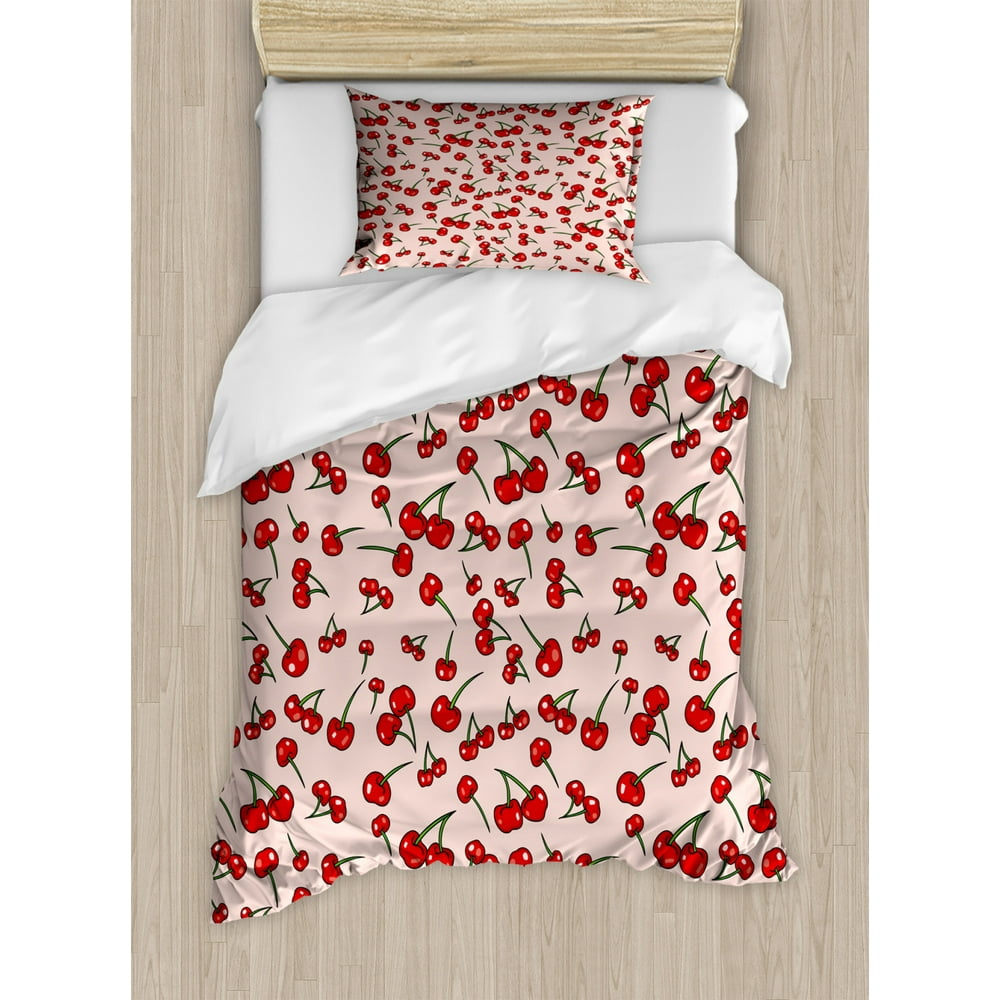 Cherry Duvet Cover Set Twin Size, Summer Pattern of Repeating Fruit in