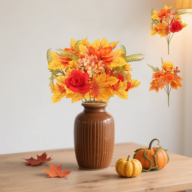 Ramo de flores de hojas de arce artificiales de otoño | Corona de calabaza de Acción de Gracias | Plástico multicolor, 35cm | Tallos decorativos realistas | Centro de mesa de otoño | Duradero