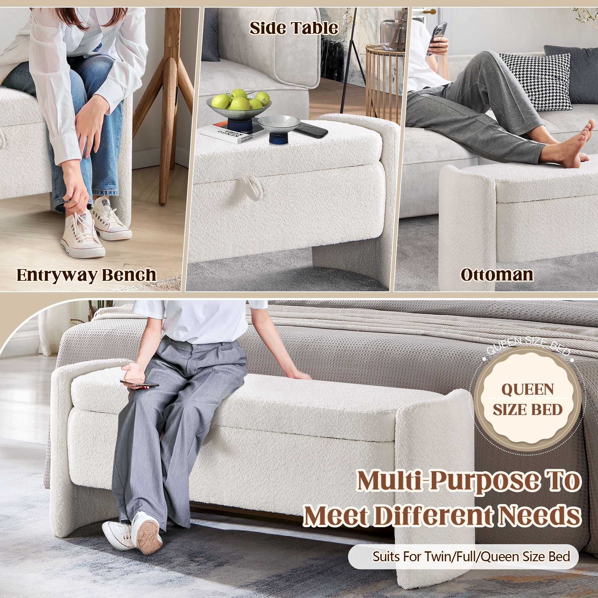 Lunale 41.73" End of Bed Storage Bench, Teddy Upholstered Storage Ottoman Benches for Bedroom, Beige