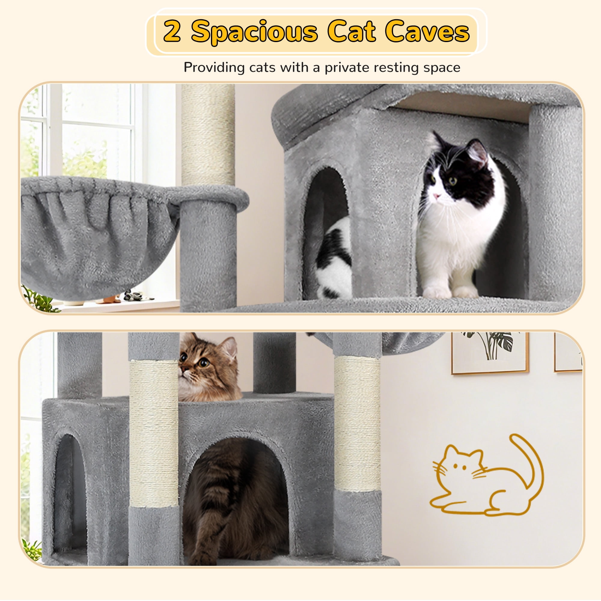 Globlazer 78" Multi-Level Large Cat Tree and Tower Condo for Indoor Cats with Sisal Scratching Posts, Condos, Hammock & Hammock,Light Gray