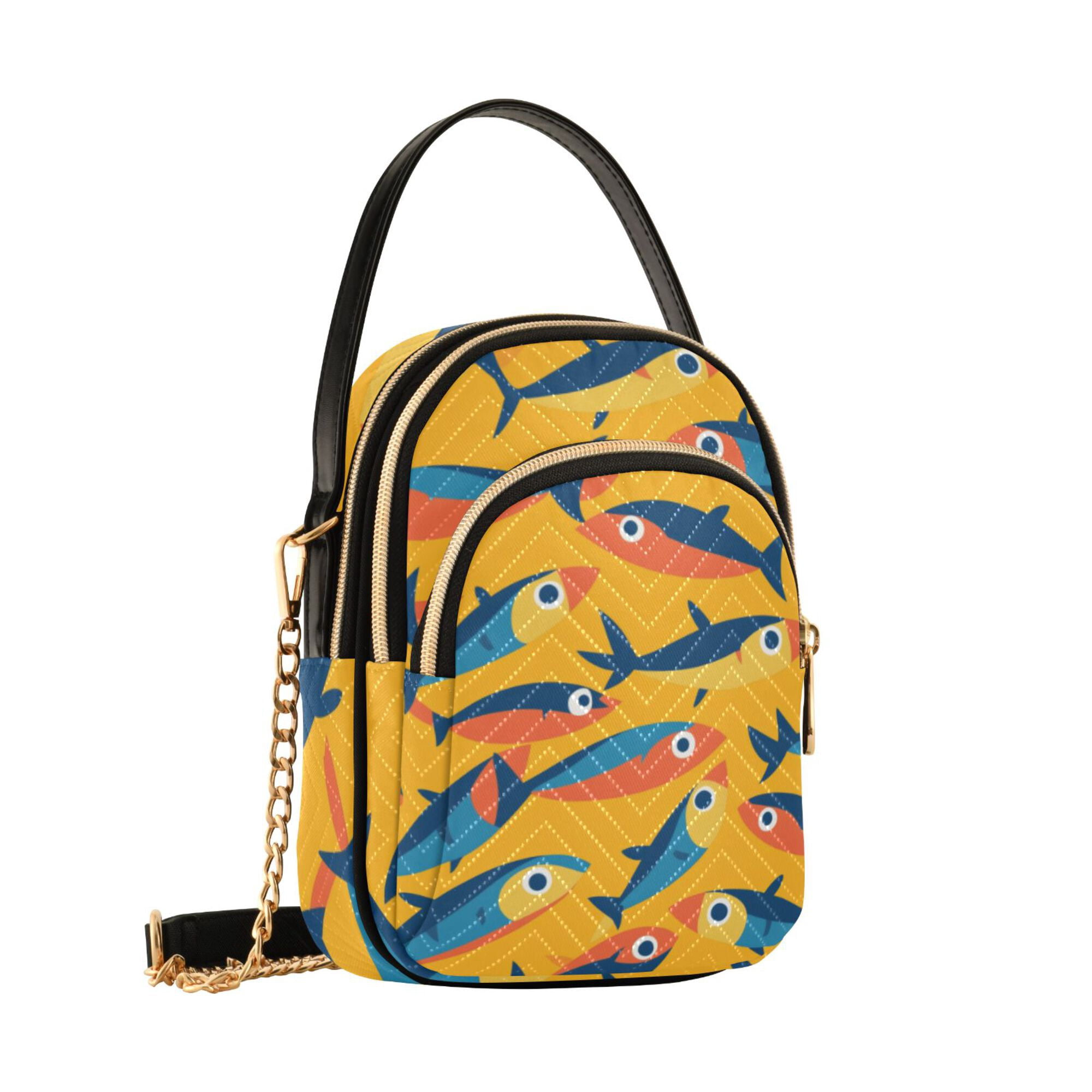 FORMRS Crossbody Bag for Women Quilted Travel Shoulder Cell Phone Purse with Chain Strap Handbag, Yellow Sardines Pattern