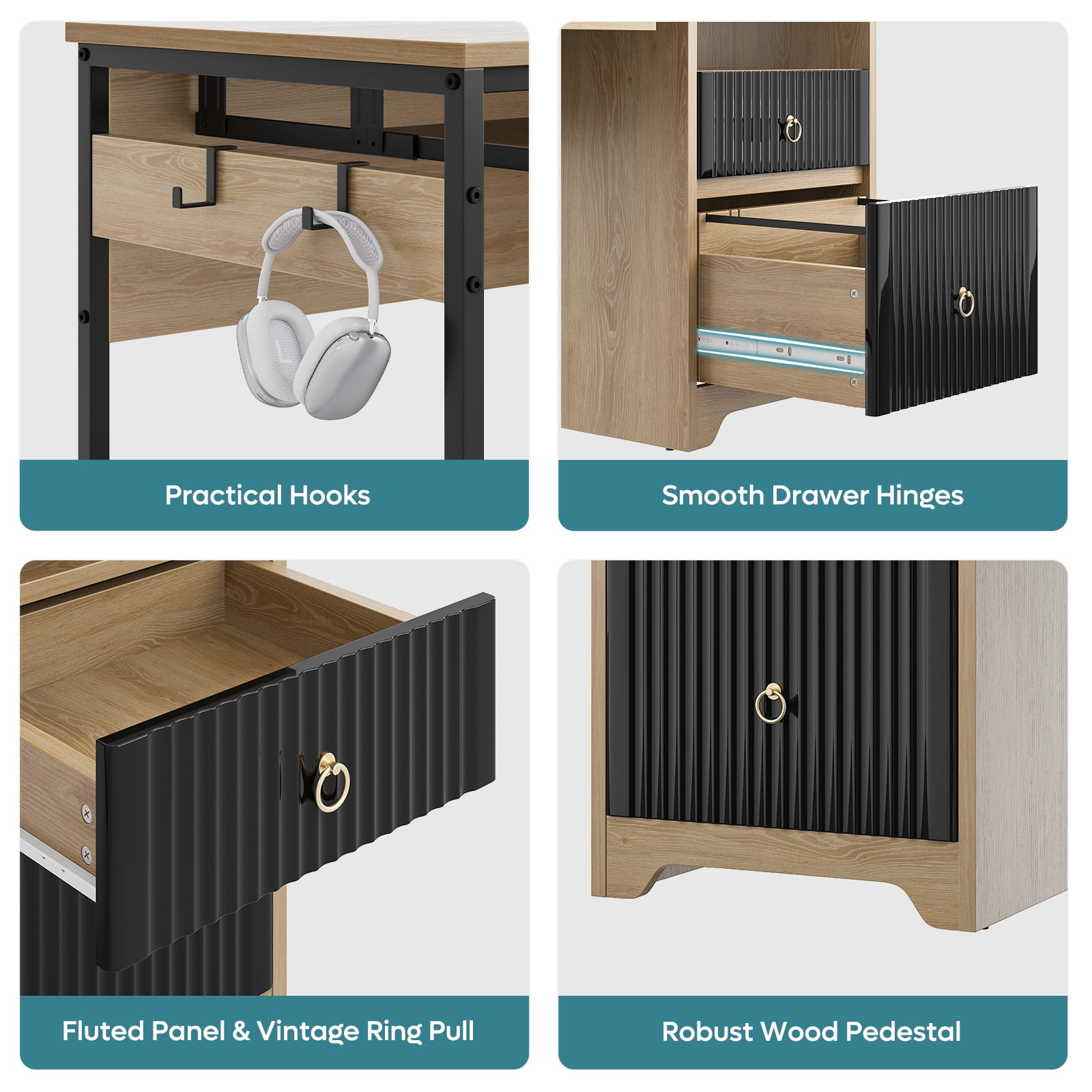 Bestier 55 Inch Office Desk with Drawers, Keyboard Tray, 2 Hooks, Modern Fluted Computer Desk for Home, Natural Oak