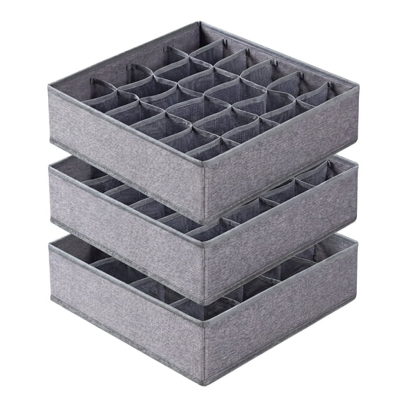 3 Pack Sock Underwear Drawer Organizer Dividers, 64 Cell Fabric Foldable Dresser Organizer for Closet Storage and Drawer Organization, Gray (16 24 24 Cell)