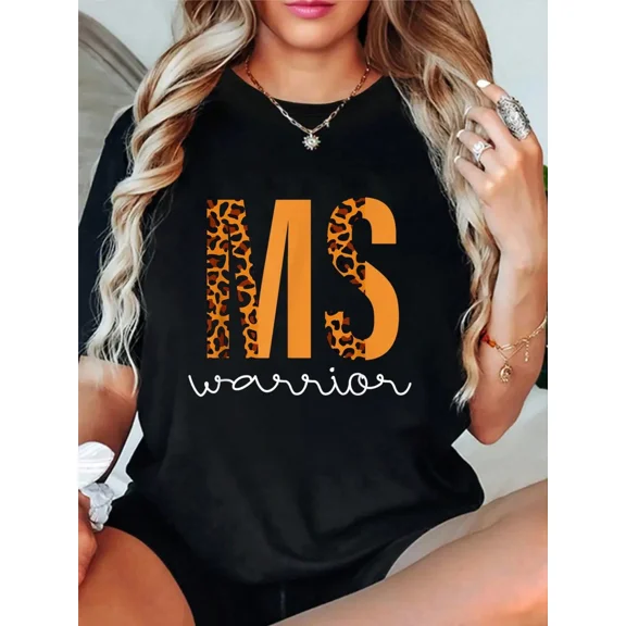 Women's MS Warrior Leopard Print Graphic T-Shirt Multiple Sclerosis Awareness Black Tee