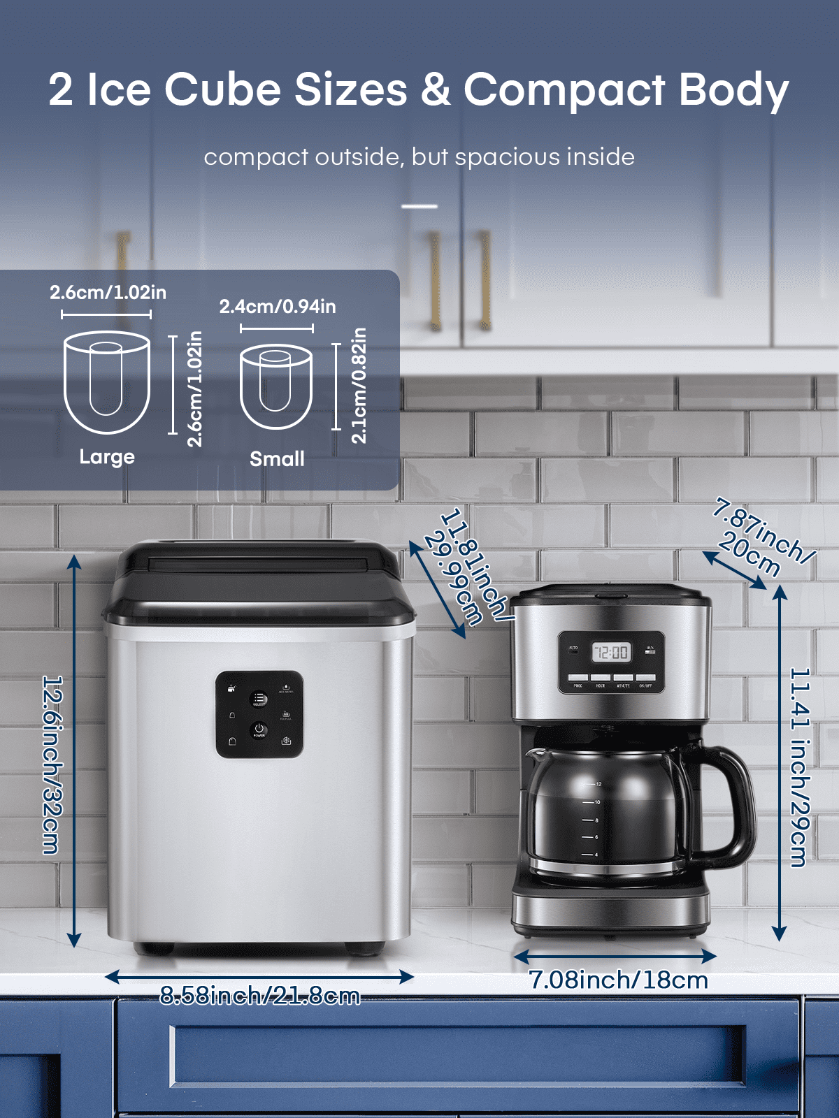 FOHERE Ice Maker Countertop 2 Sizes, 28lbs in 24h, 9 Bullet Ice in 6M, Selfclean, Stainless Steel