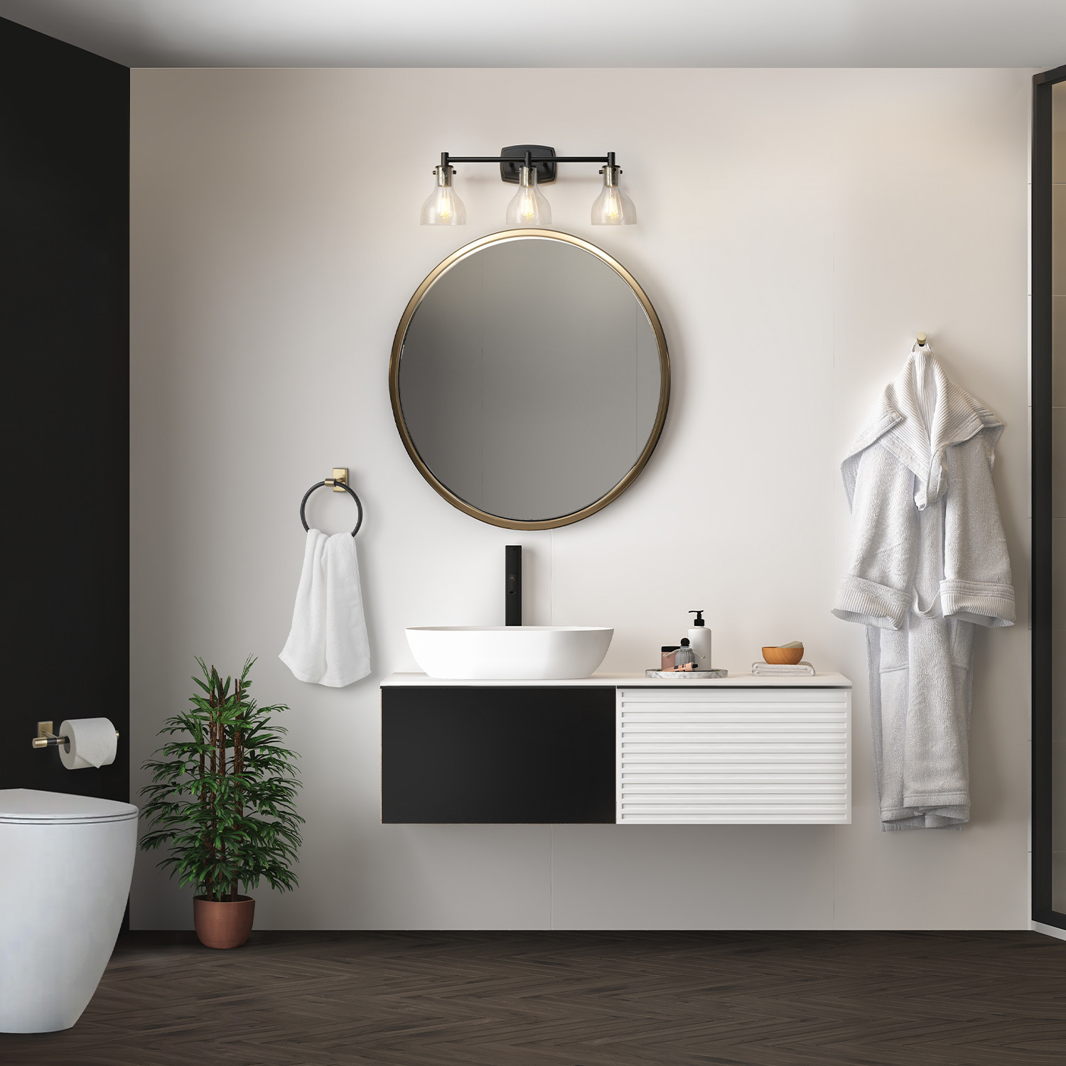 Globe Electric Modern Farmhouse Style 5-Piece Matte Black Bath Set with 24" 3-Light LED Vanity Light