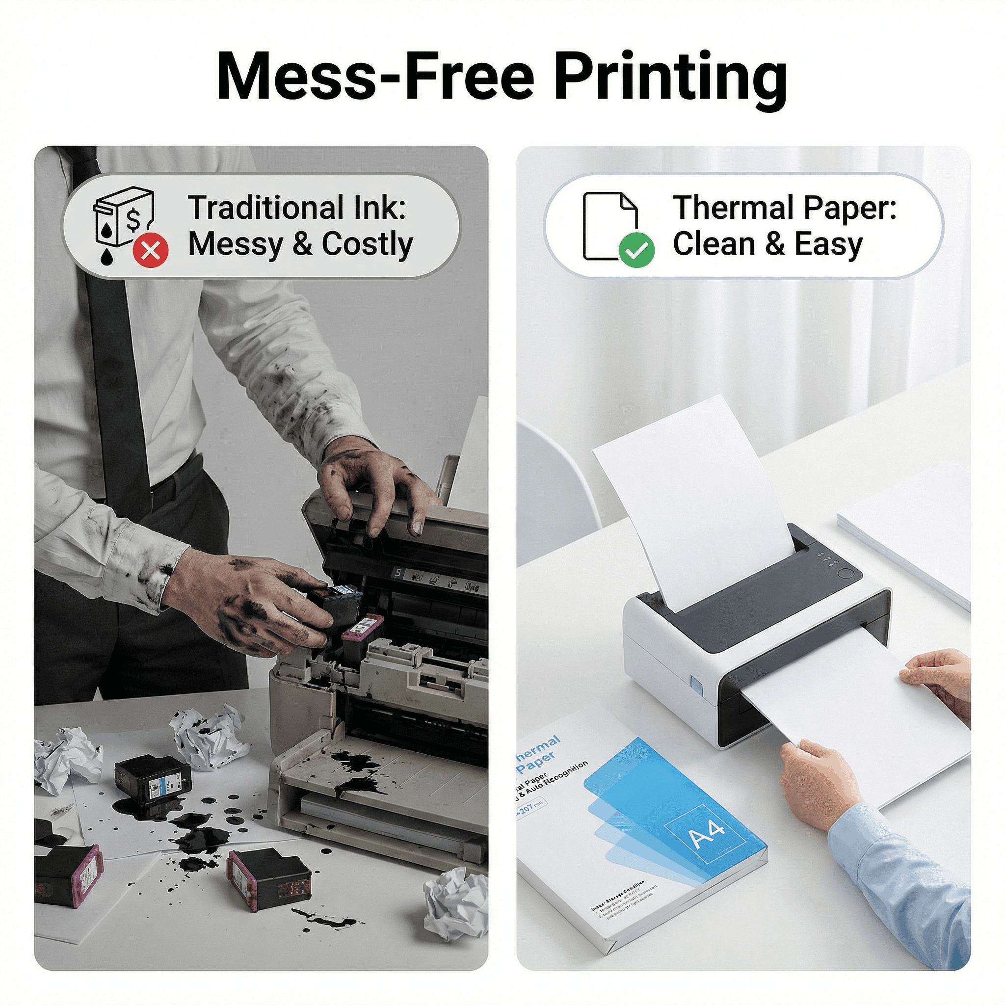 AXTQH Fan-fold A4 Thermal Printer Paper, 8.27 x 11.69 inch, Inkless Quick Dry, White, 100 Sheets
