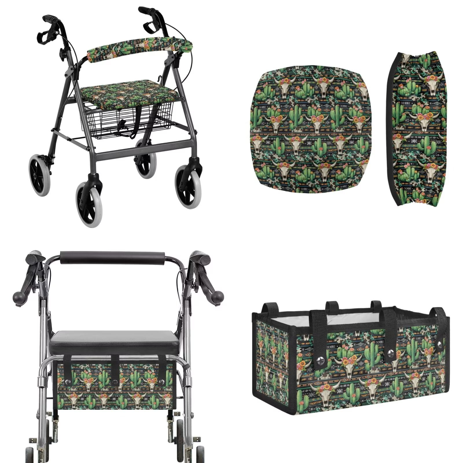 TSOVTHRID Aztec Tribal Cow Pattern 3 Piece Set Walker Accessories, Cactus Skull Sunflower Washable Rollator Seat Cover & Backrest Covers Portable Walker Storage Under Seat Bag